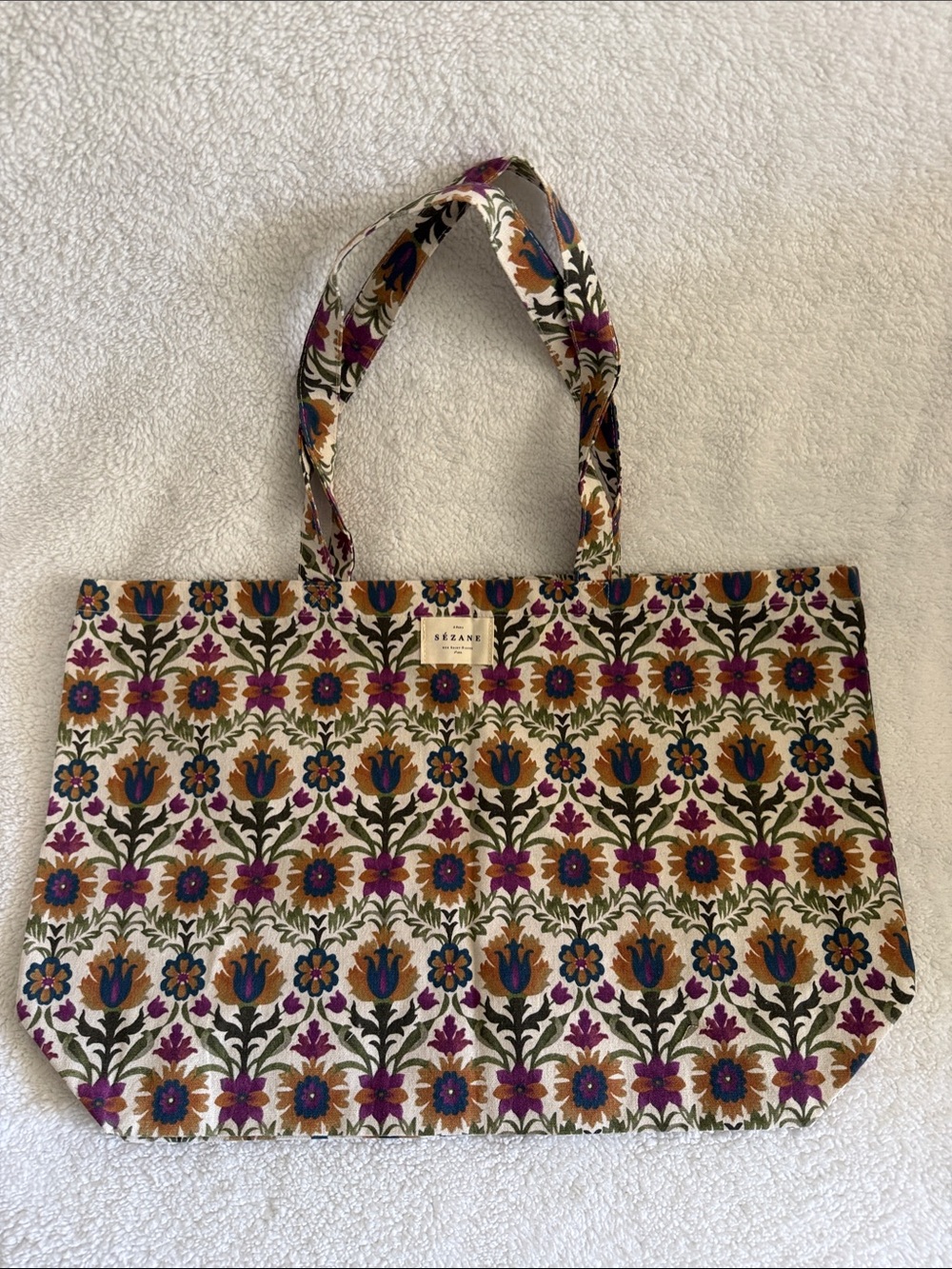 Sezane Floral Cotton Tote - Cream with Purple & Mustard Accents